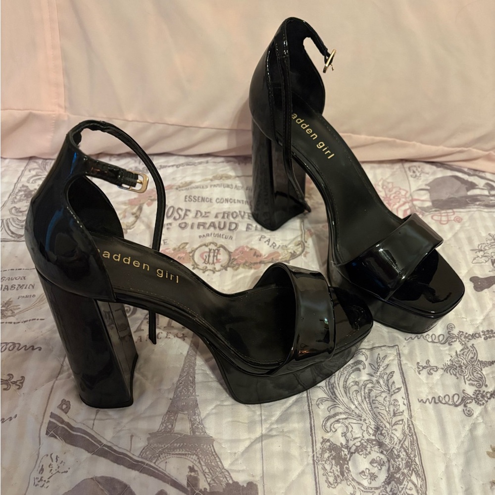 Madden Girl Black Patent Platform Sandal Heels with Ankle Strap